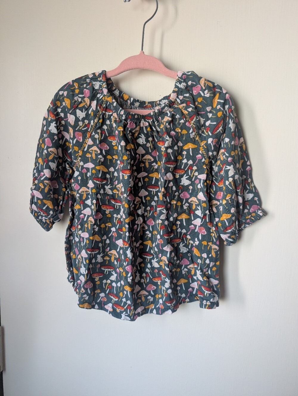 Girls' Dark Green Mushroom Print Peasant Top